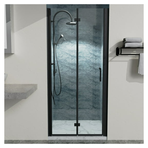 Bi-Fold Shower Doors 34-35-3/8in W x 72in H, Matte Black Semi-Frameless, Clear Glass, Space Saving Bathroom Door, Easy Install Shower Enclosure Black   Aluminium
