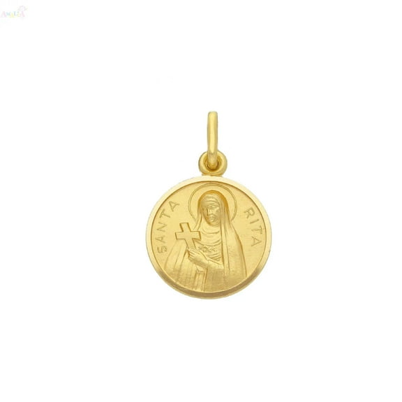 18K Solid Yellow Gold Round Saint Rita Medal Pendant 13mm