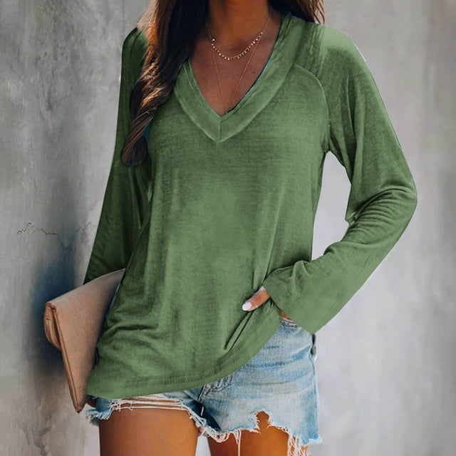 SDNall Hauts à Manches Longues pour Femmes Mode Décontractée Col en V Uni Blouse