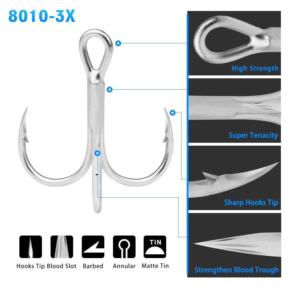 50pcs/lot Saltwater Fishing Hook Matte Tin Treble Hooks 2/0#-1/0#-1#-2#-4#-6#-8# High-Carbon Steel High Strength 3X Hooks