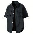 thumbnail image 3 of Men's Solid Color Work Shirt Polyester | Casual Button Down Short Sleeve Shirt Three-Quarter Loose Fit Pockets Button-Down Collar Breathable Daily Office Business | Zenithor,Black L, 3 of 9