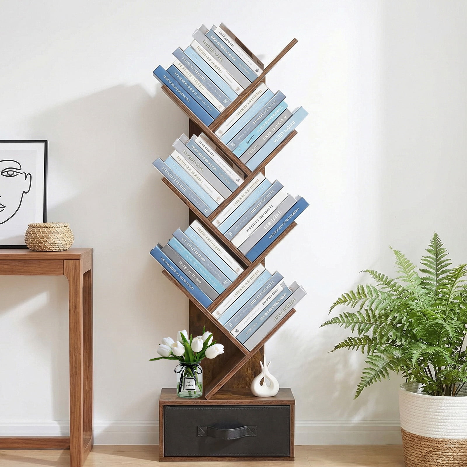 7 Tier Tree Bookshelf, Sturdy Bookcase with Storage Drawer Cabinet, Book Organizer Shelves for Home Office