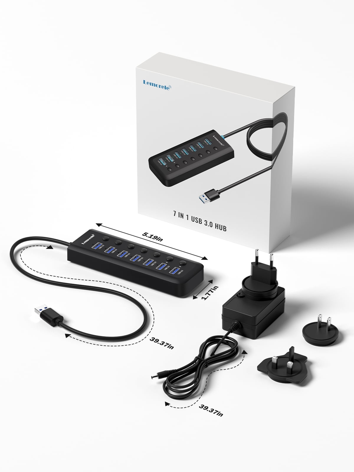 USB C Hub, 7 USB A 3.0 5Gbps Transmission + Charging, Independent Switch Control, Widely Compatible with Computers/Mobile Phones/Tablets