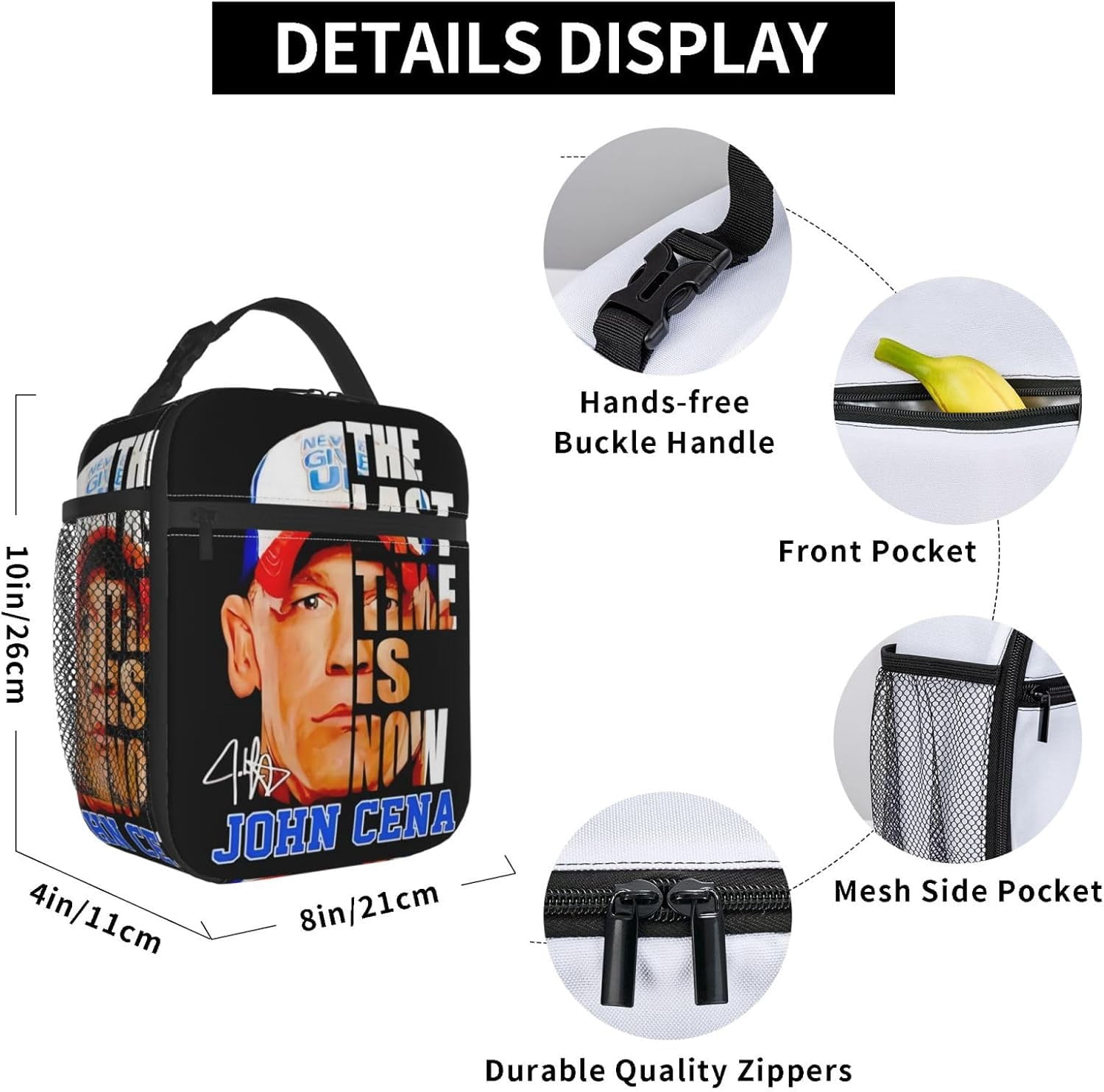 John Boxer Cena Lunch Bag Portable Insulated Lunch Box Large Capacity Tote Bag Zipper Net Pocket 10 L X 4 W X 8 H inches for School Work Camping Travel Black
