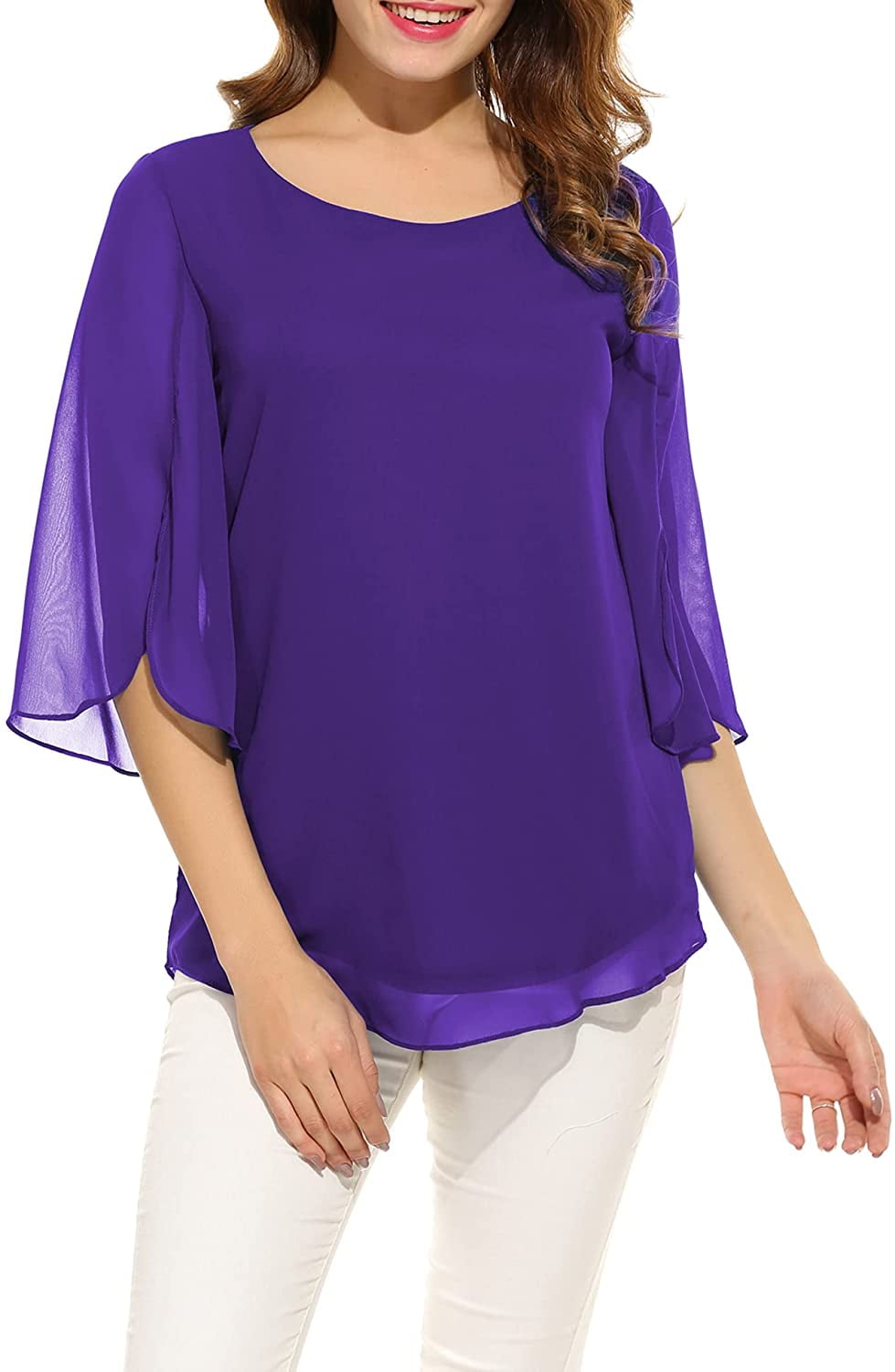 Womens Casual Neck Top 3/4 Sleeve Chiffon Blouse Shirt Tops Deep Purple With - Walmart.com