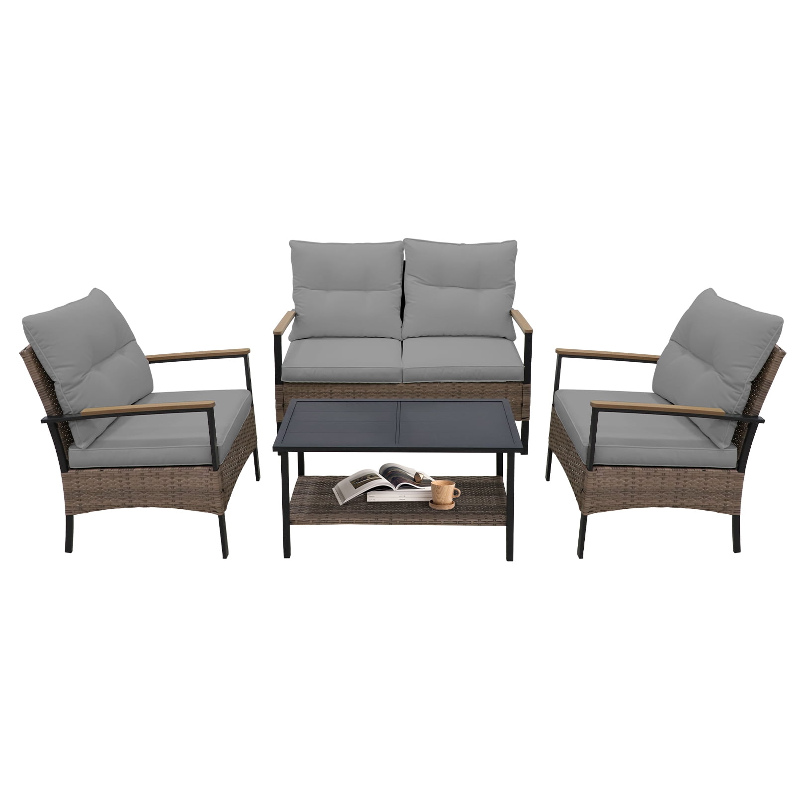 COOS BAY 4-Piece Patio Furniture Set Outdoor Rattan Conversation Sets - Loveseat and Chairs with Tables for Garden, Lawn, Deck, Backyard