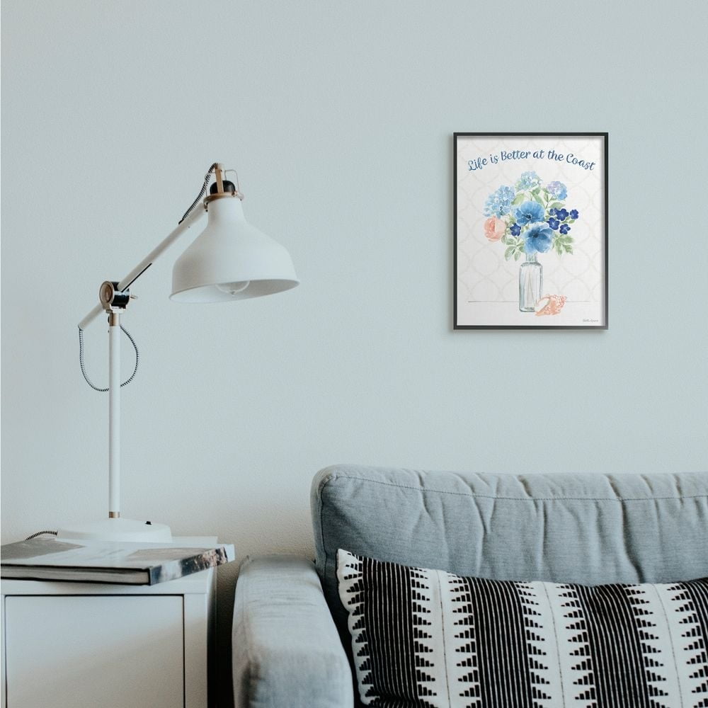 Stupell Industries Better at the Coast Nautical Floral Arrangement Greeting Framed Wall Art Design by Beth Grove, 11" x 14", Gray Framed
