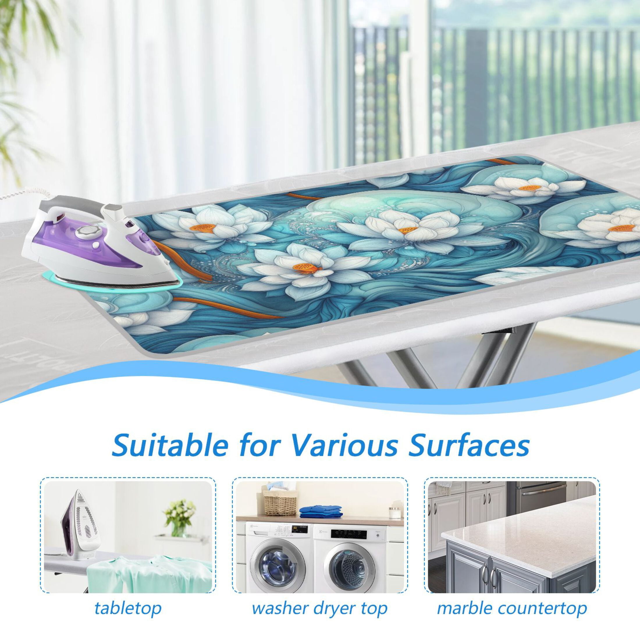 Lotus Floating on Swirls and Waves Ironing Mat Blanket for Table Top Travel Portable Ironing Board Pad 47.2x27.6 Inch