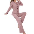 thumbnail image 3 of Women Pajama Lounge Sets Fall 2 Piece Outfits Ribbed Long Sleeve Matching PJ Set Sleepwear Loungewear Pink L, 3 of 9