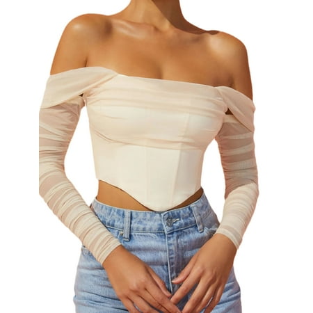 

Womens Mesh Bustier Crop Top Mesh Sleeve Corset Top Off Shoulder Push Up Corset Bustier Cocktail Clubwear