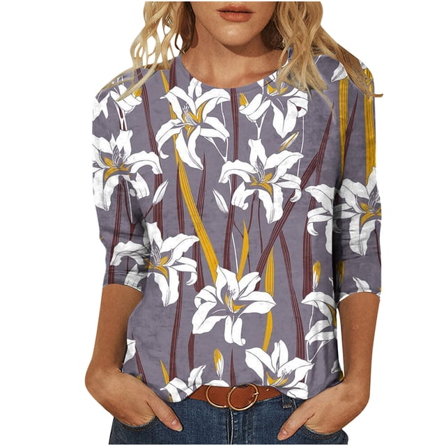 Pompotops T-shirt Ample Imprimé Mode Femme Manches 3/4 Blouse Col Rond Hauts Décontractés Liquidation