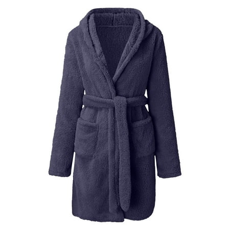 

huanledash Women Winter Bathrobe Solid Color Thick Sleepwear Warm Belt Cardigan Tight Waist Plush Water Absorption Lady Nightgowns for Home