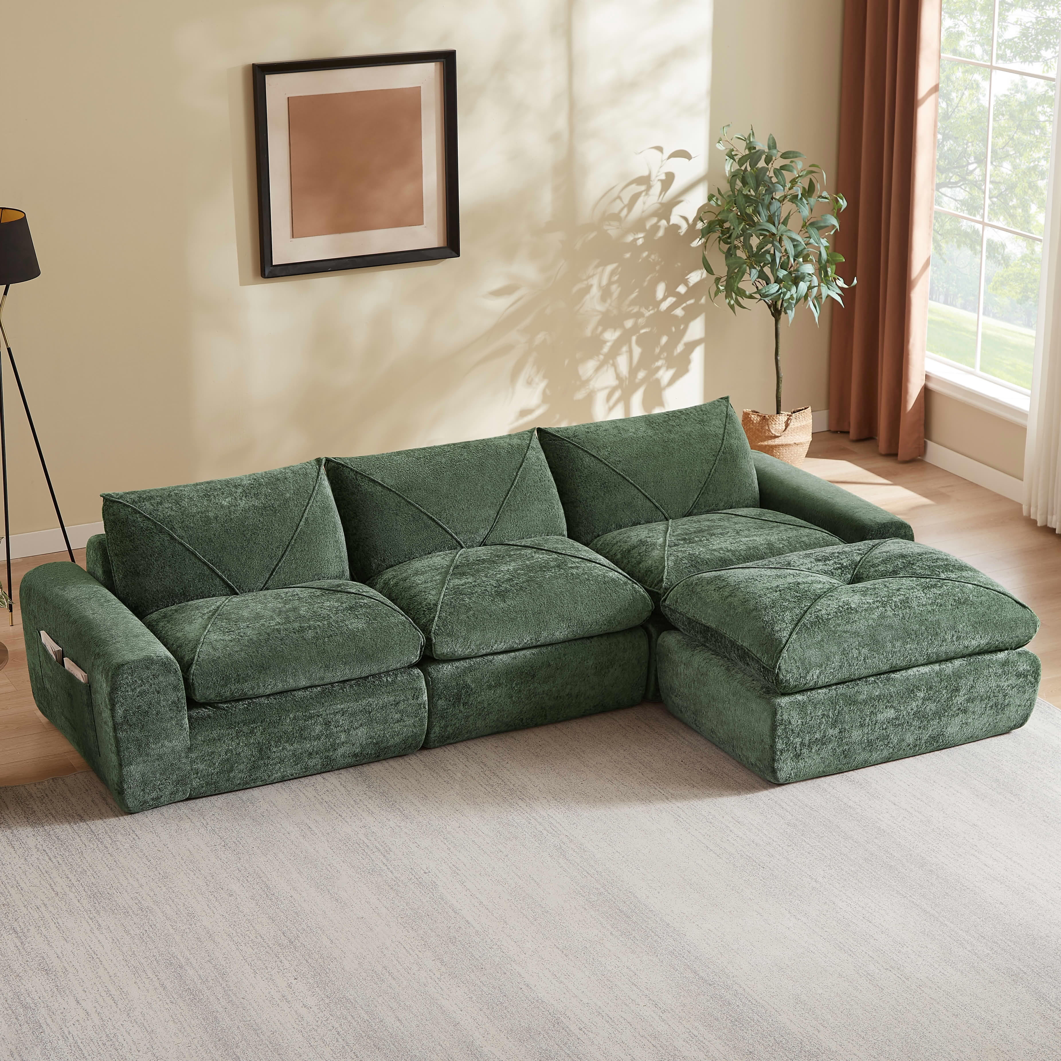 MAYEERTY 119" Green Chenille L-Shaped Modular Sectional Sofa, Spring Support for Living Room Apartment