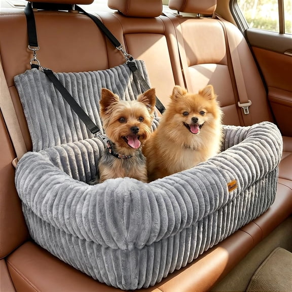 Pawaboo Dog Car Seat, Dog Booster Car Seats with Memory Foam, Thickened Cushion & Washable Removable Cover, Pet Travel Carseat Bed with Safety Leashes for Medium/Large Dogs or 2 Small Dogs, Gray