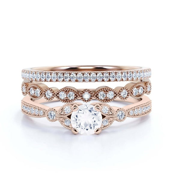 Trio Set 2.50 Carat Round Cut Diamond Moissanite Engagement Ring, Matching Wedding Band in 925 Sterling Silver With 18k Rose Gold Plating, Leaf Ring, Gift For her, Promise Ring, Anniversary Gift