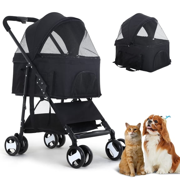 3-in-1 Folding Pet Stroller for Medium Small Dogs Cats - 4 Wheels Lightweight Travel With Detachable Carrier, Black