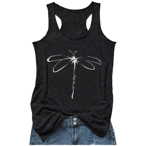 Wang6 Women Workout Loose Fit Tank Tops Workout Plus Size Dragonfly Printed Sleeveless Shirts Causal Racerback Tops Graphic Tees Black XL
