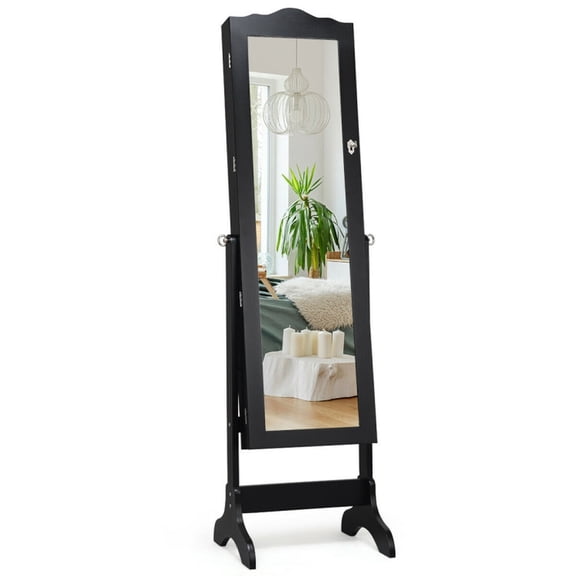 Furnibear Mirrored Lockable Jewelry Cabinet Armoire with Full-Length Mirror and Large-Capacity Storage for the Bedroom and Dressing Room, Black