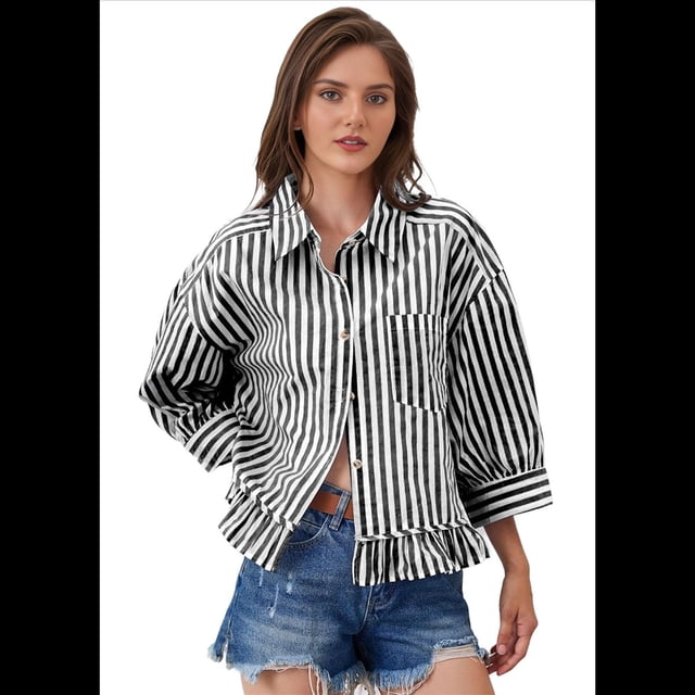 Camisa A Rayas con Botones, 3/4, Hombros Caídos, Corte Holgado, Dobladillo con Volantes, para Mujer Negro M