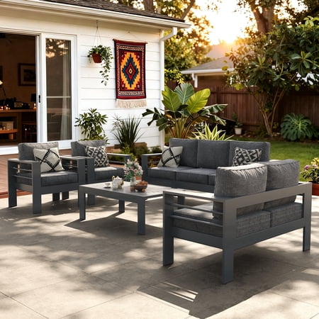 LayinSun Outdoor Aluminum Furniture Set 5 Pieces Patio Sectional Conversation Chat Sofa Modern Seating Set with Coffee Table