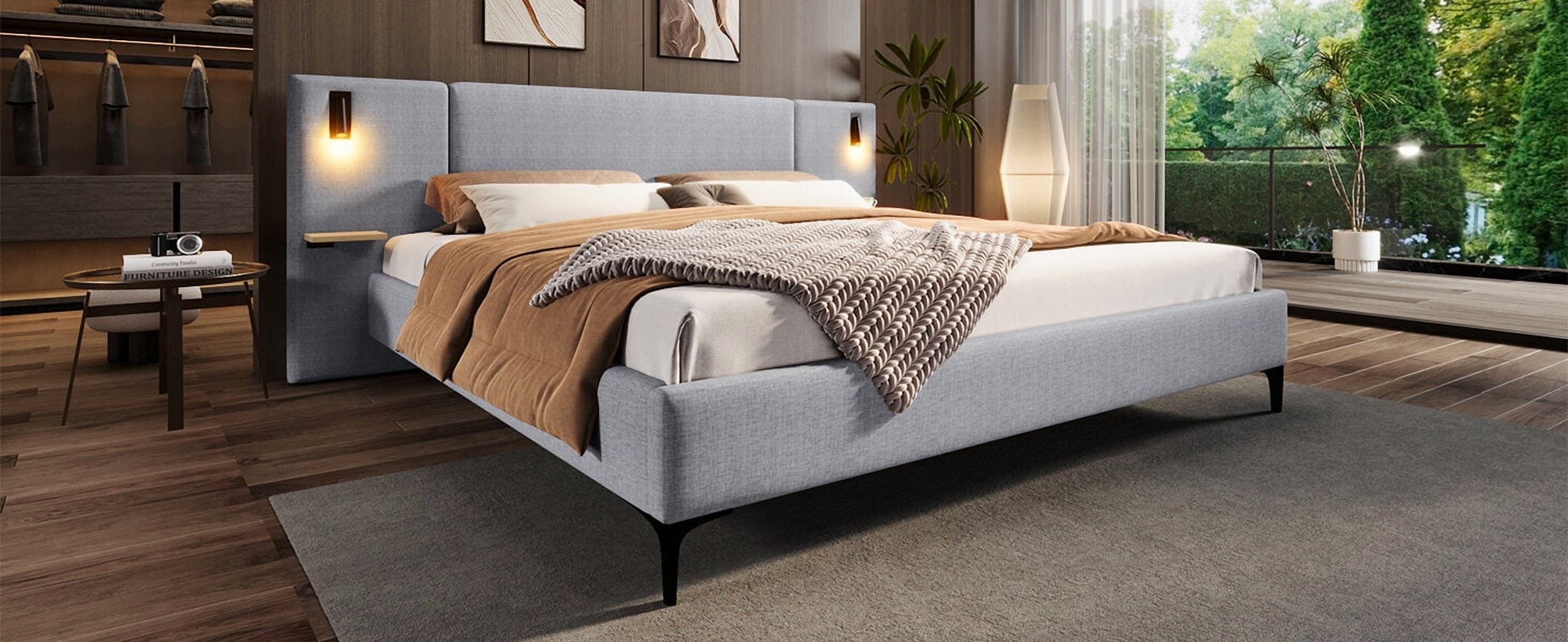 Bed Frames Chic Linen Upholstered Bed with Integrated Lights and Shelves, Grey, Queen,Adjustable Bed Base