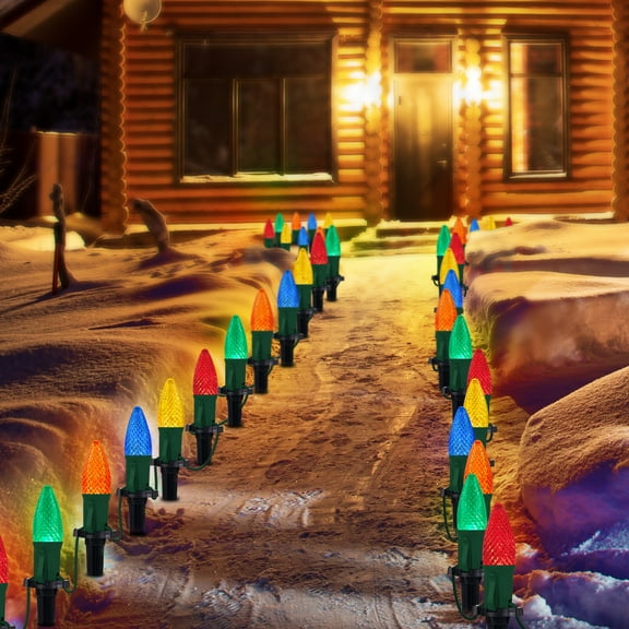 LAMPHOME Multi Color C9 Christmas Pathway Lights Outdoor, 25.7Ft 20 Bulbs Waterproof Walkway Lights with Stakes, Connectable Yard Decor for Driveway Sidewalk Garden Holiday