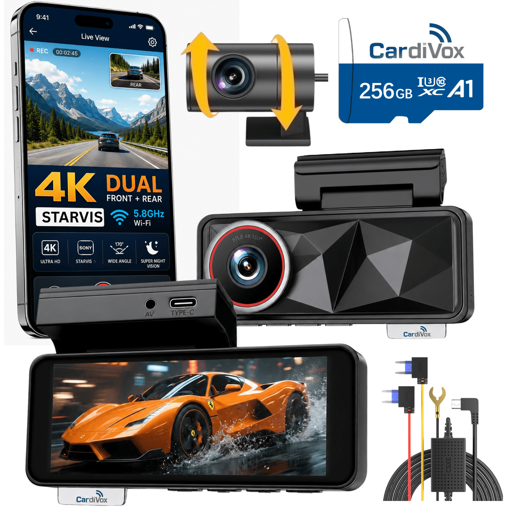 CardiVox 4K Dash Cam Front and 2K Rear Dash Camera Sony STARVIS, WiFi GPS Free 256GB