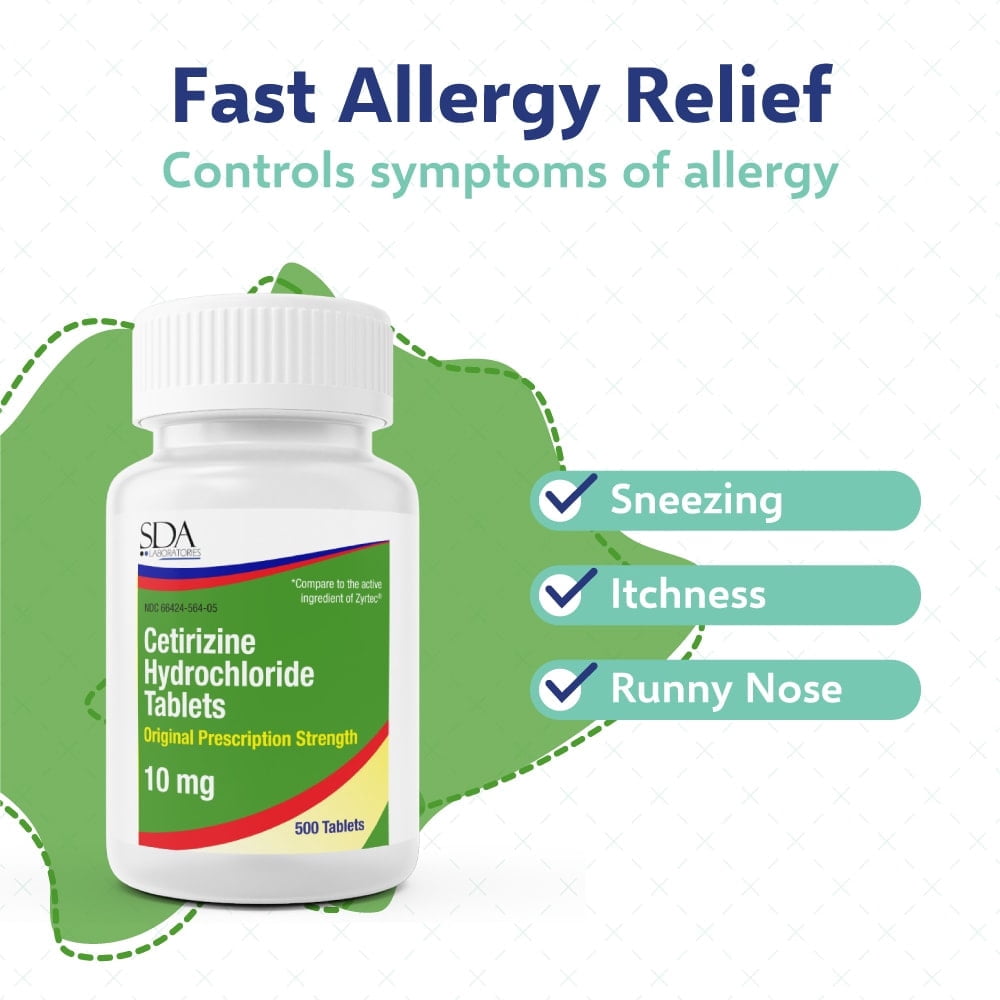 SDA Laboratories | Allergy Relief Cetirizine HCL 10mg 100 count Tablets | 6PK