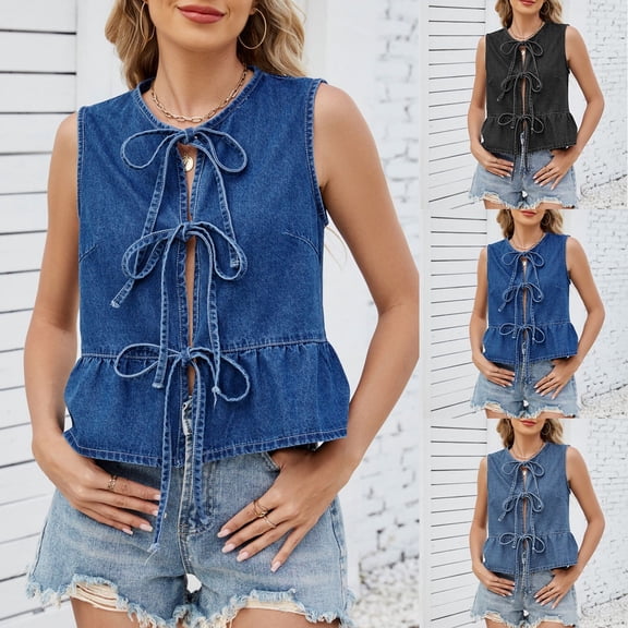 Women's Denim Vest with Ruffle Scoop Neck Tie Front Sleeveless Jean Jacket Solid Color Summer Waistcoat Elegant Cowboy Cami Top