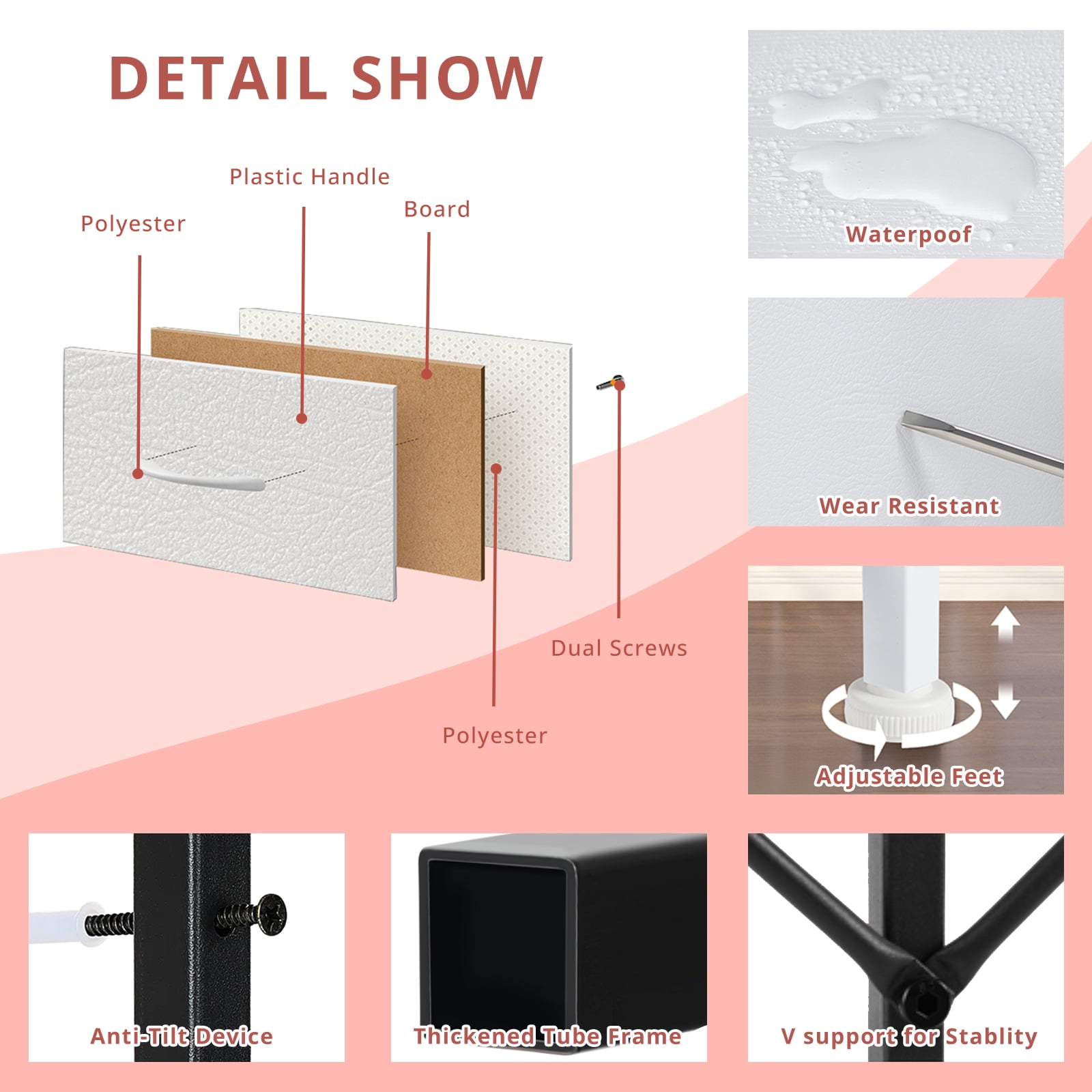 TV Stand, White Dresser for Bedroom, Entertainment Center for 45 Inch TV with Drawers, Fabric, Adjustable Feet, Living Room