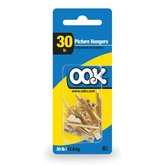Ook Picture Hangers, 30 lbs, for Drywall and Wood, Steel, Brass Finish, Gold, 6 pack