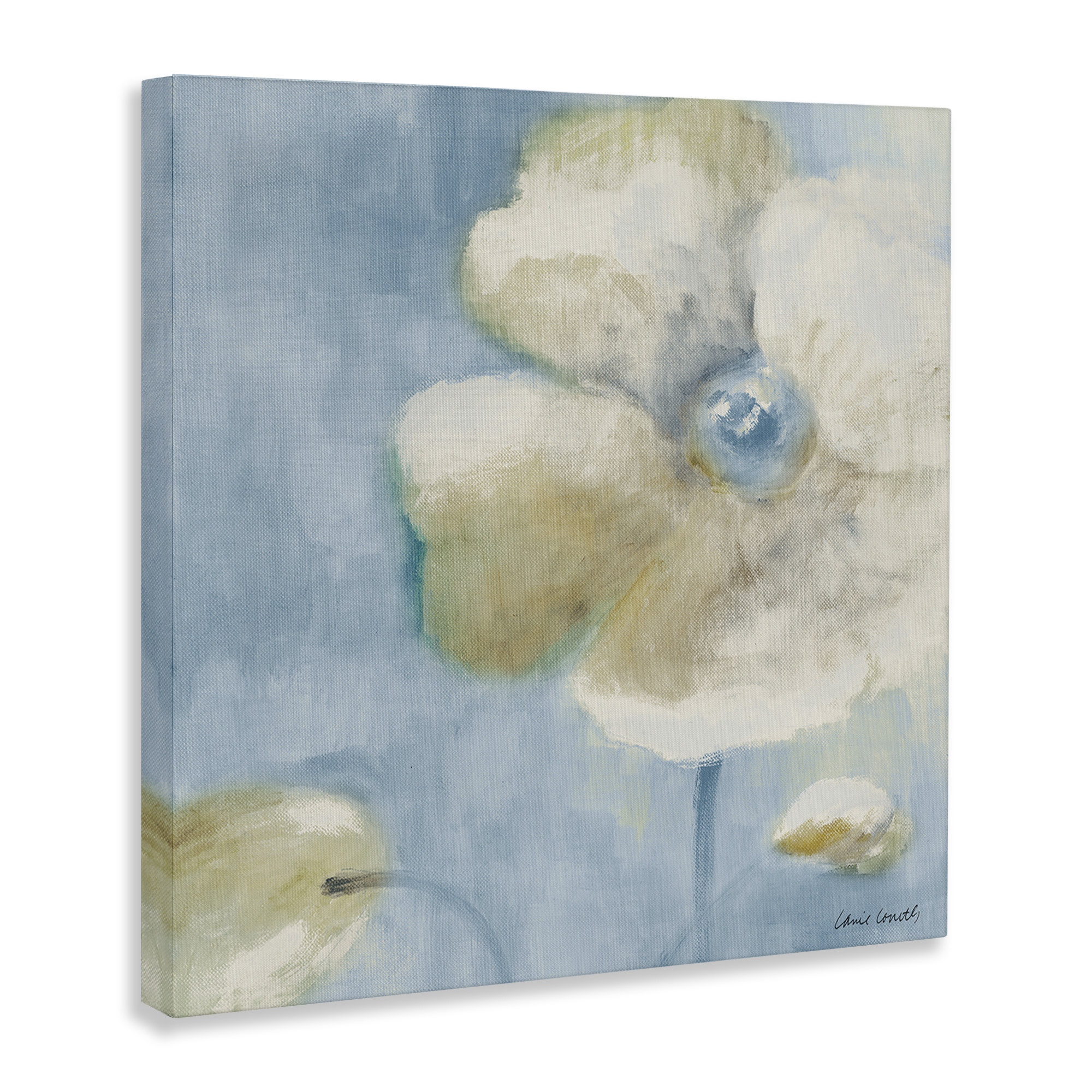 Stupell Industries White Blossom on Blue Botanical & Floral Painting Gallery Wrapped Canvas Art Print Wall Art, 24 x 24