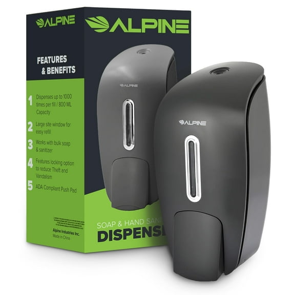 Alpine Manual Soap Dispenser Wall Mount - Commercial Soap Dispenser Wall Mounted for Liquid Soap & Hand Sanitizer Perfect for Bathroom, Kitchen, Refillable 800 ml Capacity (Grey)