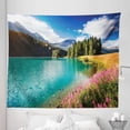 thumbnail image 1 of Landscape Tapestry, Springtime at Maloja Pond Dense Pine Forest Blooming Pink Flowers Mountains, Fabric Wall Hanging Decor for Bedroom Living Room Dorm, 5 Sizes, Teal Multicolor, by Ambesonne, 1 of 1