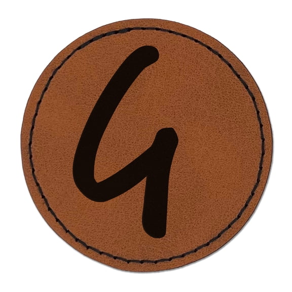 Letter G Uppercase Felt Marker Font 2.5" Faux Leather Round Engraved Iron-On Patch - Brown