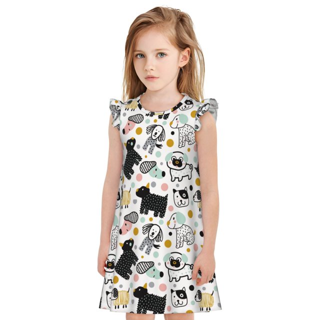 Fotbe Funny Puppy Vestido de Dormir para Niñas de 3 a 10 Años, Mangas Cortas, Estilo Princesa, Pijama Camisón con Mangas Voladas-XX-Large