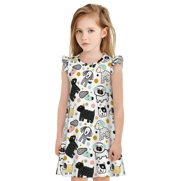 Fotbe Funny Puppy Vestido de Dormir para Niñas de 3 a 10 Años, Mangas Cortas, Estilo Princesa, Pijama Camisón con Mangas Voladas-Small