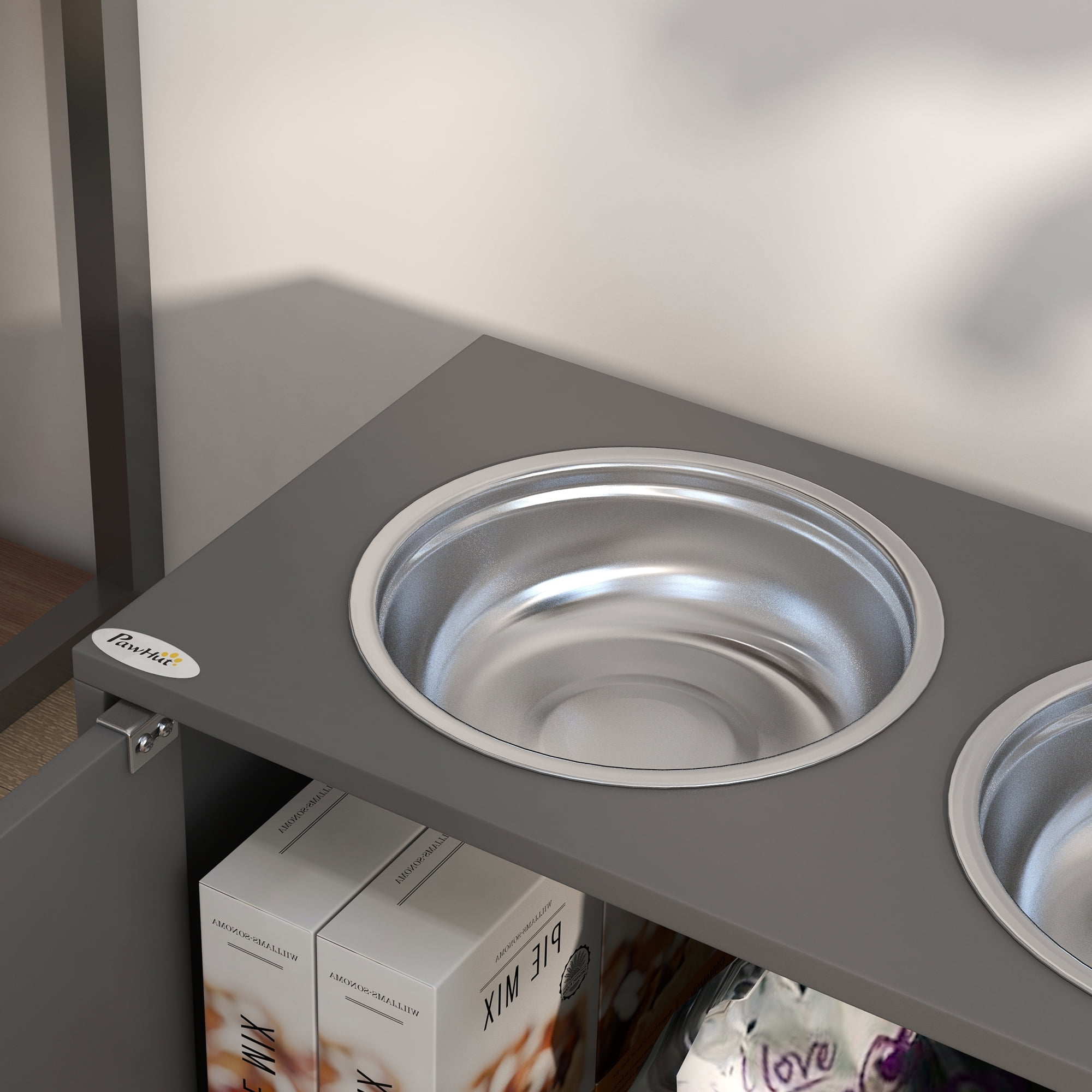 Large Elevated Dog Bowls Raised Feeding Station with 44L Storage Cabinet Stainless Steel Bowls Magnetic Closure Pet Food Stand Gray