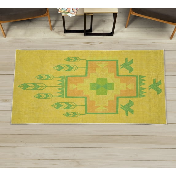 Tribal Decorative Rug, Hand Drawn Dreamcathcher Folkloric Birds Image Ethnic Ikat Design, Quality Carpet for Bedroom Dorm and Living Room, 6 Sizes, Green Yellow, by Ambesonne