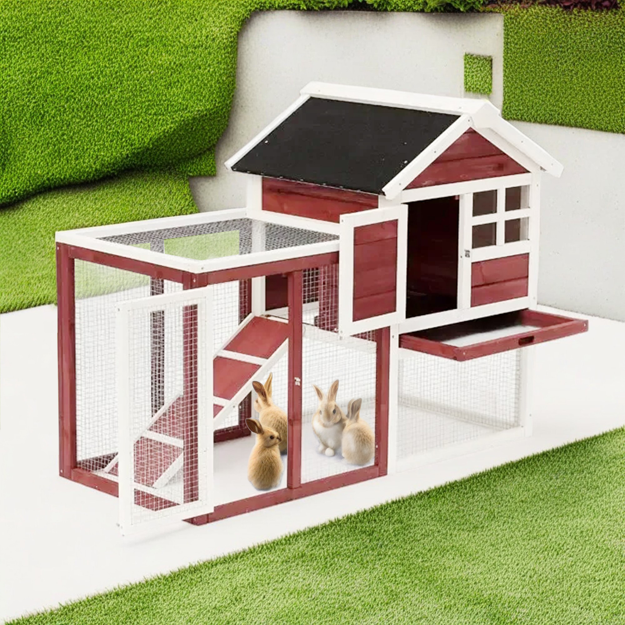 Pefilos 48" Wood 2 Tier Chicken Coops Habitat, Rabbit Hutch for Outdoors, Indoor Guinea Pig Coop Pet House with Stairs, Brown
