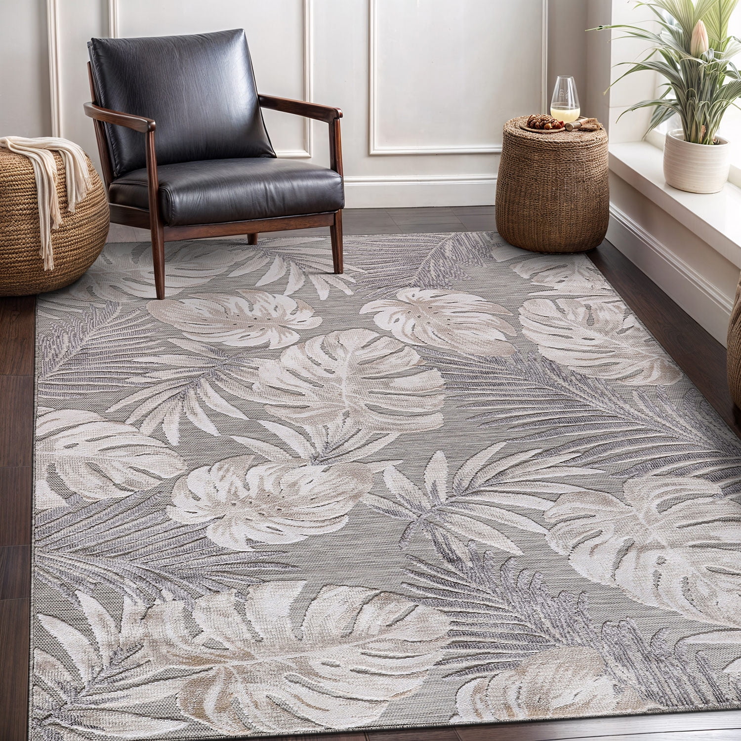 CAMILSON Spring Leaf Tropical Botanical Easy-Cleaning Non-Shedding Washable Outdoor Indoor Area Rug Beige 8x10