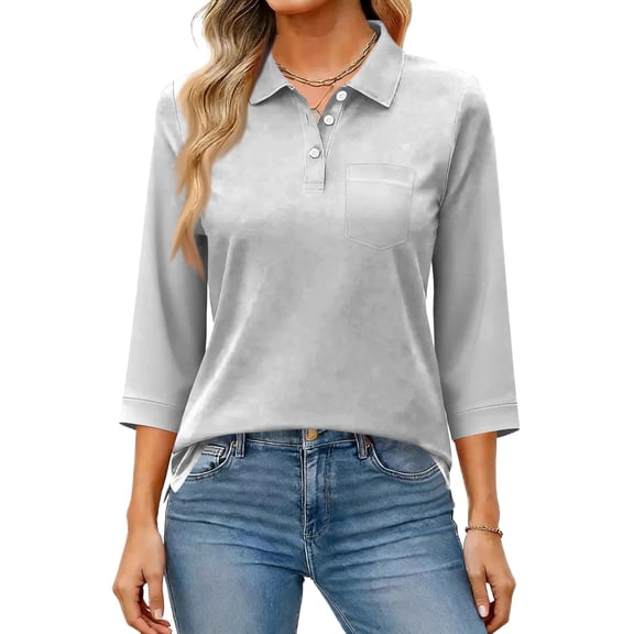 Women's Loose Casual Polo Shirts 3/4 Sleeve Collared Button Down Tops with Chest Pocket for Spring Fall Daily Office Outdoor Wear Light Gray 3XL