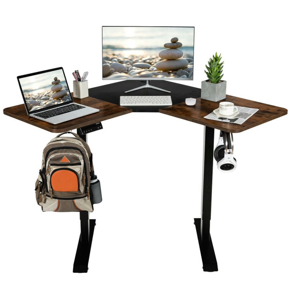 GVN L-shaped Electric Standing Desk with 4 Memory Positions and LCD Display-Rustic Brown, Desk for Bedroom, Gaming Computer Desks for Study,Working,Writing