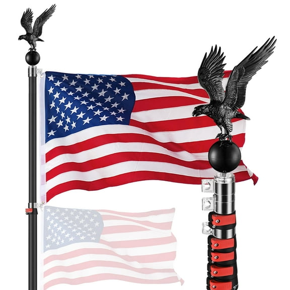 Yescom EZ GO 20ft Eagle Topper Telescopic Flag Pole Kit Upgraded Rotating Lock Outside 3x5' US Flag Ball Final Black