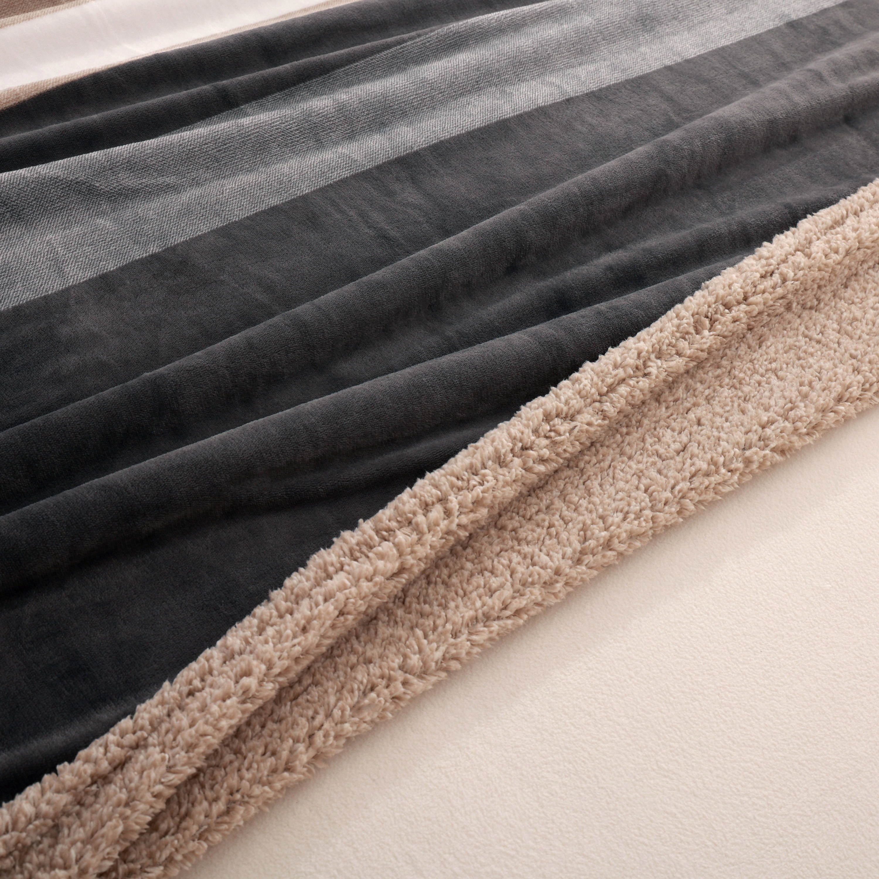 Berkshire Blanket Blue, Beige, Multi-Color Striped Sherpa, Velvet Plush Reversible Bed Blanket Full/Queen