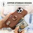 thumbnail image 5 of ELEHOLD for iPhone 12 Mini Luxury Leather Wallet Case with Back Flip Card Slots RFID Blocking Zipper Cash Pocket Stand Function Ring Holder Support Magnetic Car Mount Shockproof Case,brown, 5 of 9