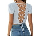 thumbnail image 4 of XFLWAM Women's Lace Crochet Crop Top Hollow Out Short Sleeve Sweater Ribbed Knit Top Light Blue M, 4 of 4