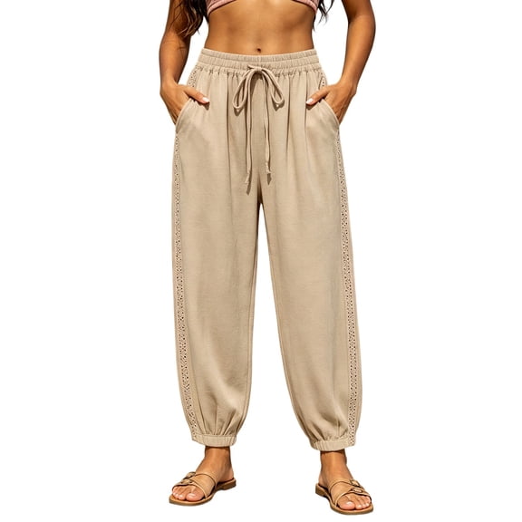 Maean Women Cotton Linen Pant Elastic High Waisted Wide Leg Palazzo Casual Lounge Trousers with Pockets