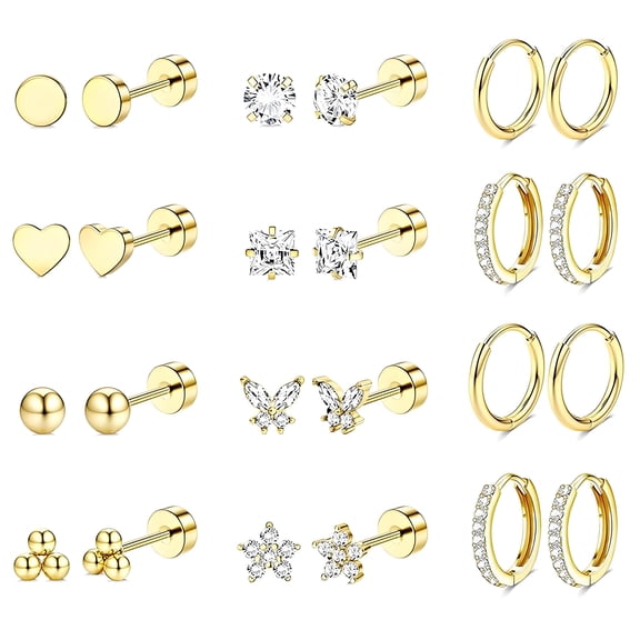 DESIGNICE 12 Pairs Flatback Stud Earrings for Women,Nickel & Lead Free Cartilage Earrings for Women,No Irritation Hypoallergenic Earrings Earrings for Sensitive Ears Women,Gold