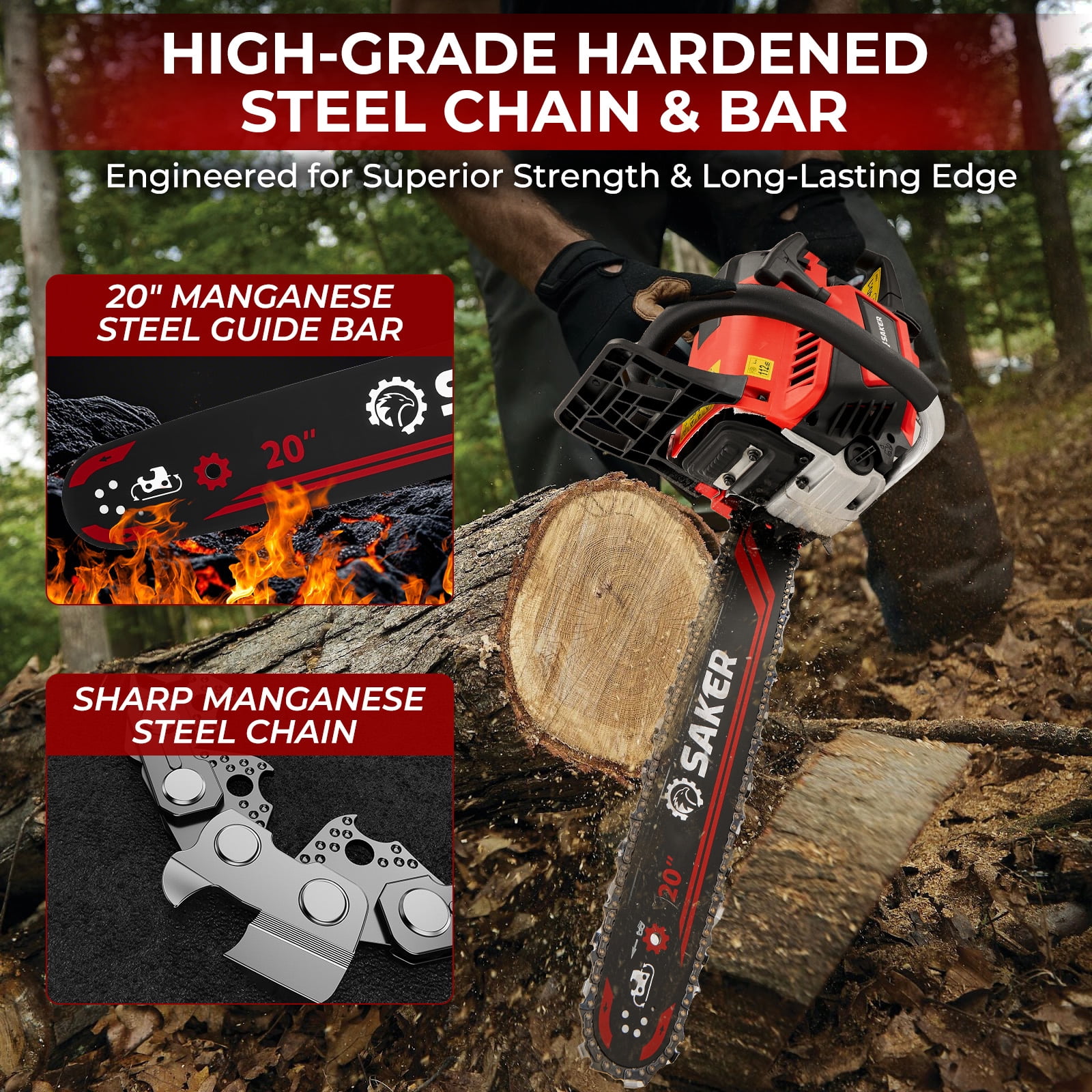 Saker 58cc Gas Chainsaw with 20-Inch Bar, 3.2HP, 2-Cycle Handheld Cordless Gas Powered Chainsaw for Heavy-Duty Wood Cutting & Tree Trimming
